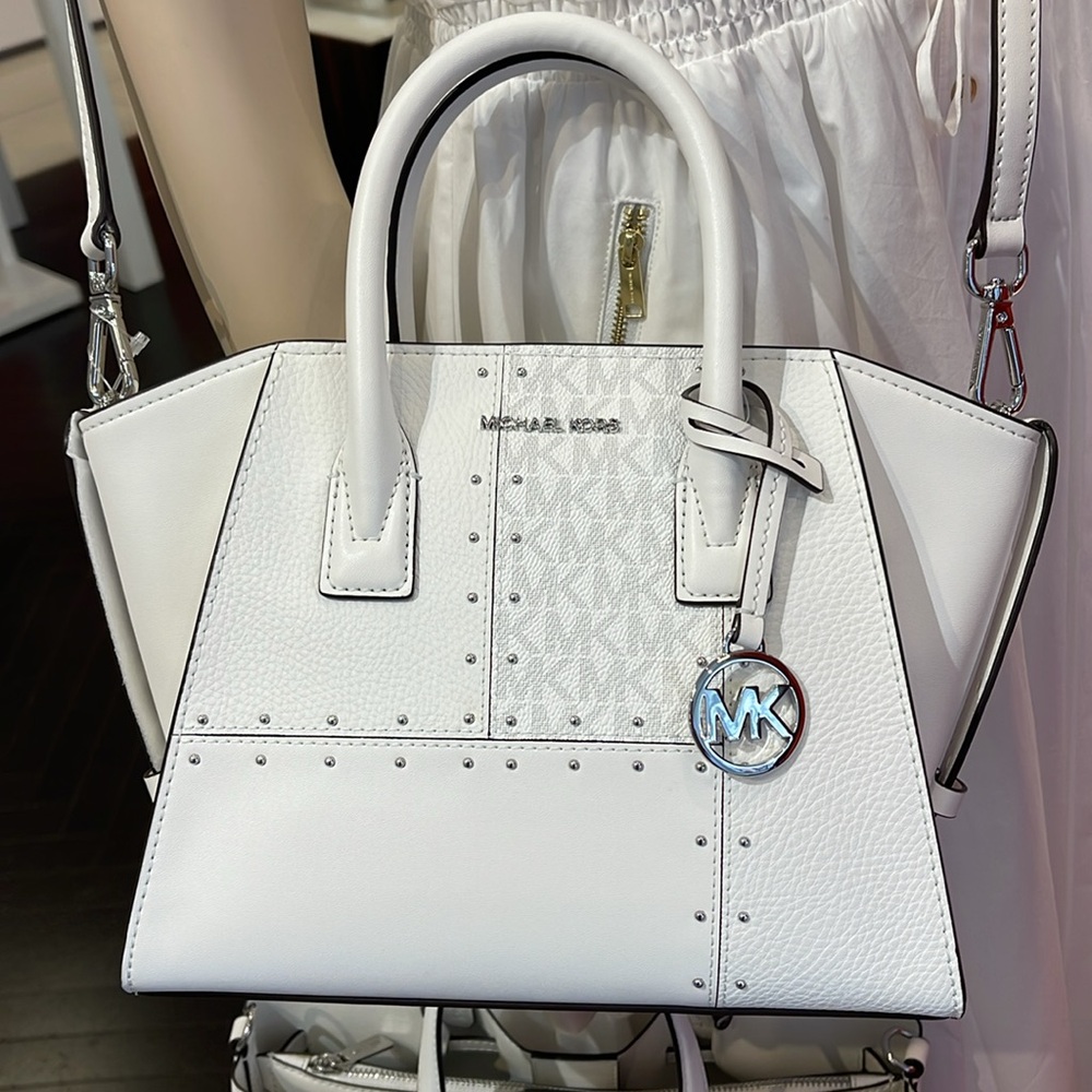 Michael Kors Avril Small Studded Patchwork and Signature Logo Satchel Crossbody - Picture 13 of 16